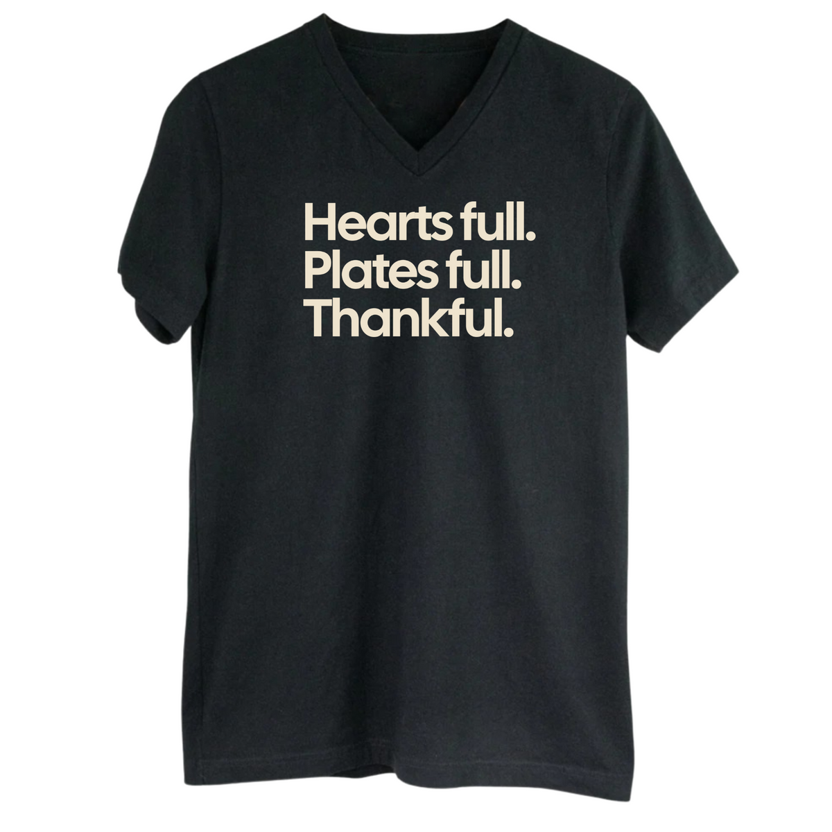 Hearts Full. Plates Full. Thankful *BLACK V-NECK* Unisex Tee-ENJEN DESIGN
